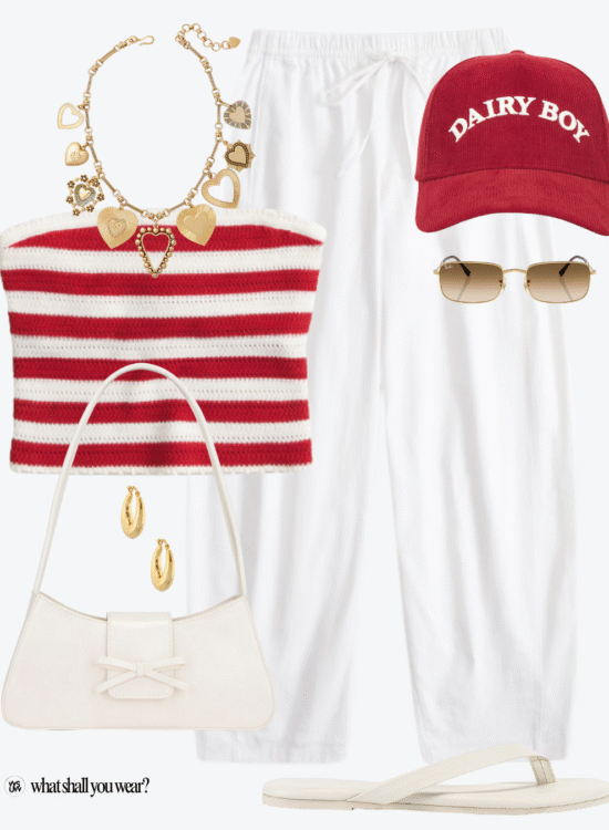 striped top and linen pant outfit collage