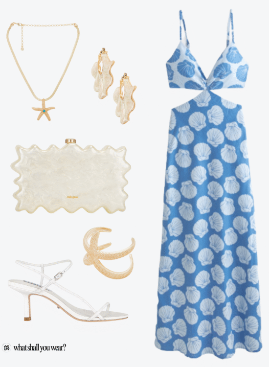 blue shell print dress outfit collage