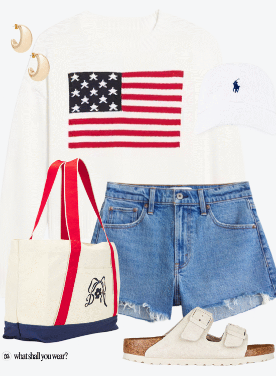 american flag sweater and denim shorts outfit collage