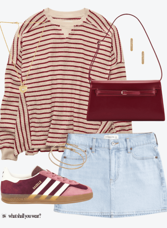 striped sweater and denim skirt outfit collage