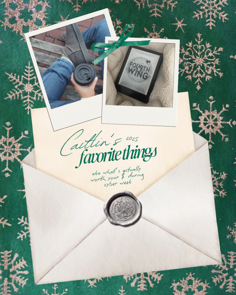 a letter is opened on a background of green snowflakes, with text saying "caitlin's favorite thing"and some polaroid images