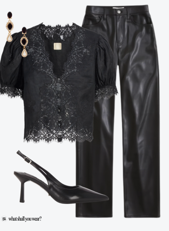 black top and leather pants outfit flatlay