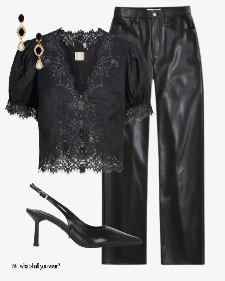 black top and leather pants outfit flatlay