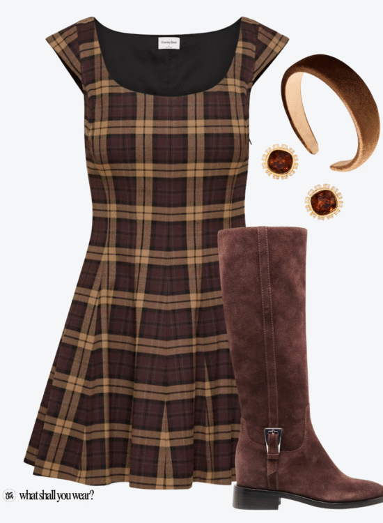 plaid dress and riding boot outfit flatlay