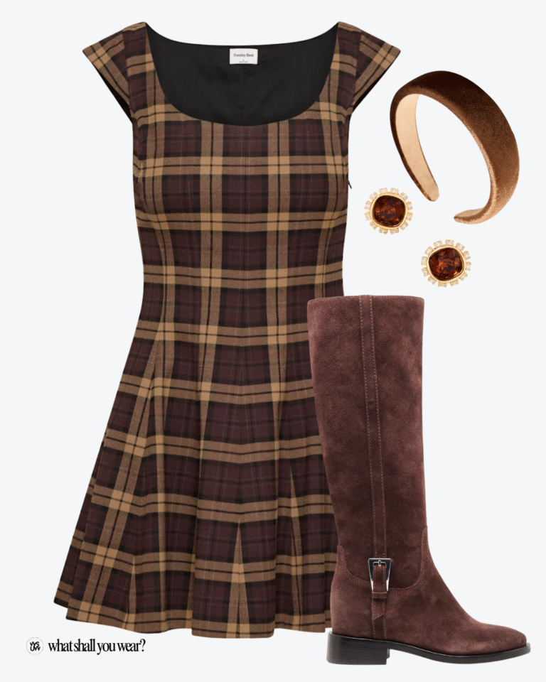 plaid dress and riding boot outfit flatlay