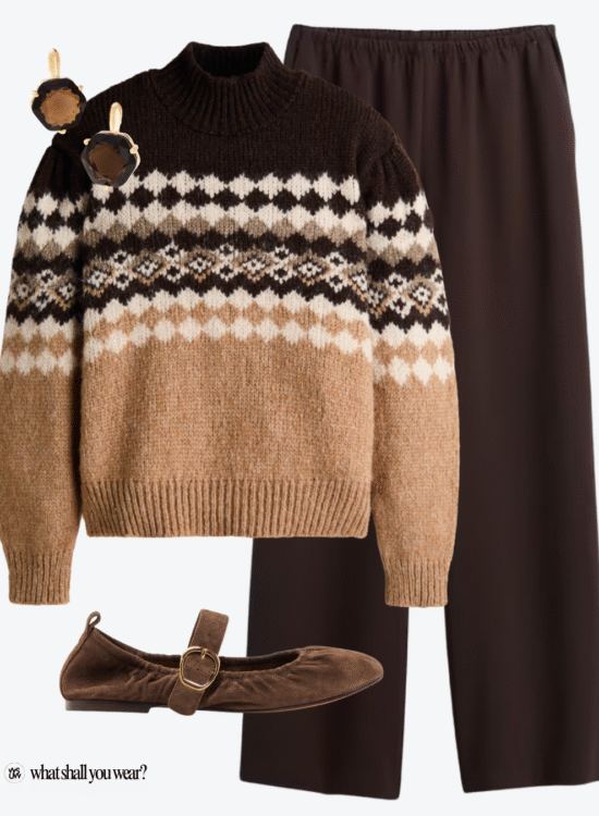 patterned sweater and satin pants fall outfit flatlay