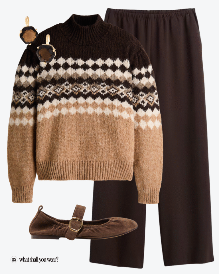 patterned sweater and satin pants fall outfit flatlay